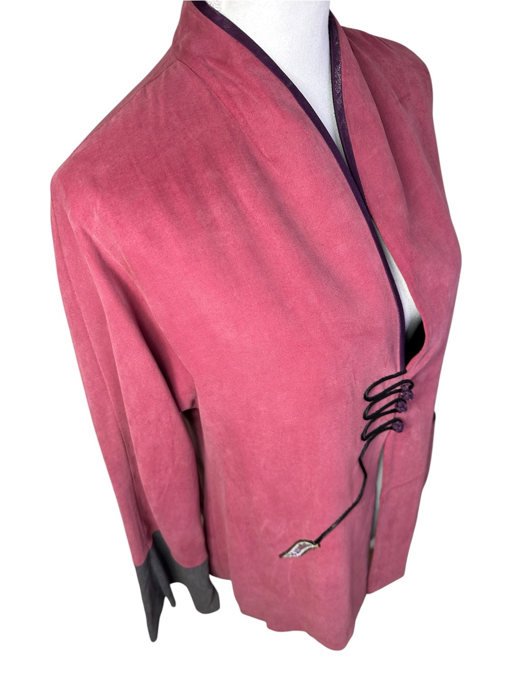 Vintage Chinese Silk Blend Frog Closure Jacket Pink Black Women M - Picture 6 of 12